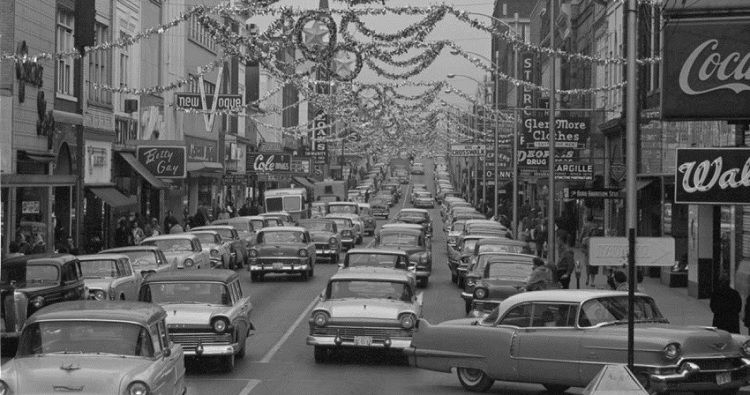 Queues of cars filling the streets on Black Friday in 1960s