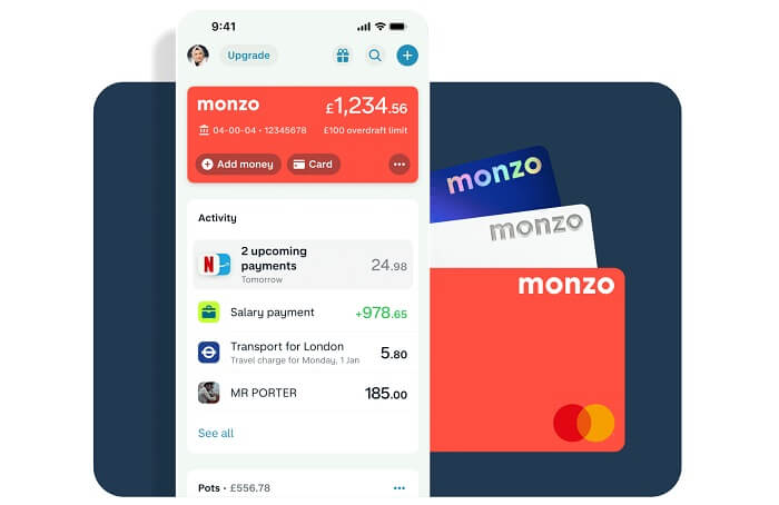 Phone wallet of a monzo card with recent activity