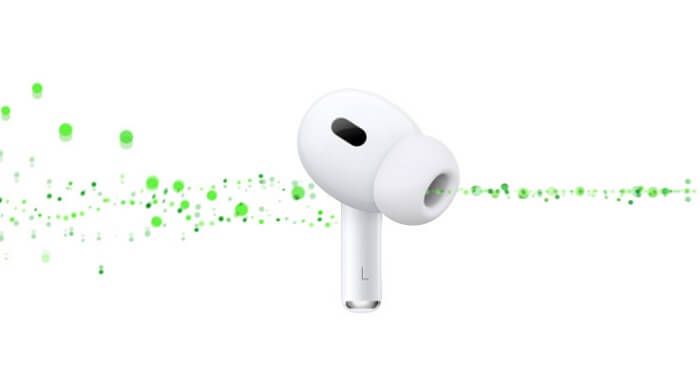 an image of airpods with sound waves to show adaptive audio