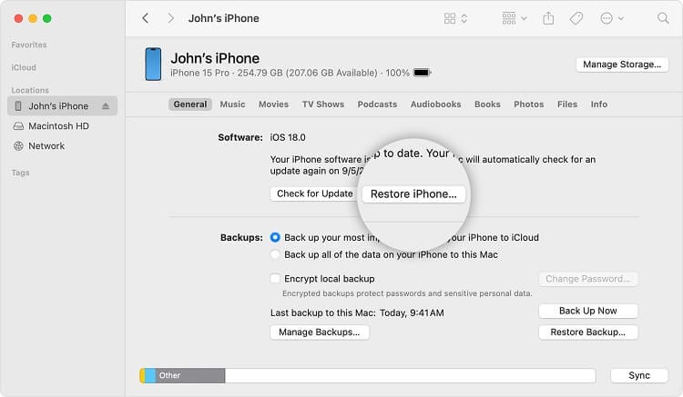 Factory reset using a computer