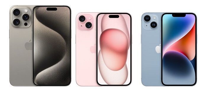 iPhone 15 Pro and iPhone 15 next to iPhone 14