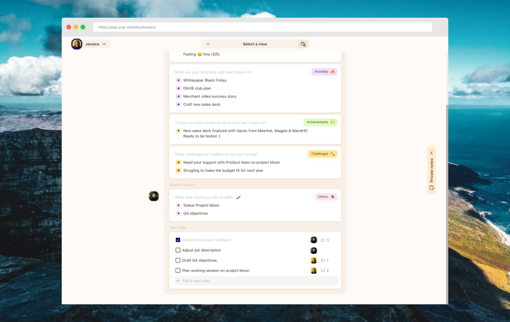 Fonction "prochaines étapes" Popwork