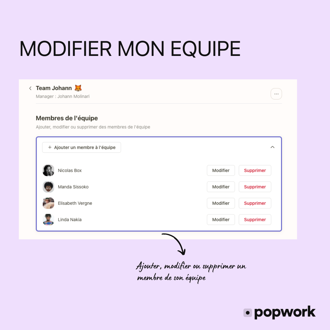 Modifier son équipe sur Popwork 