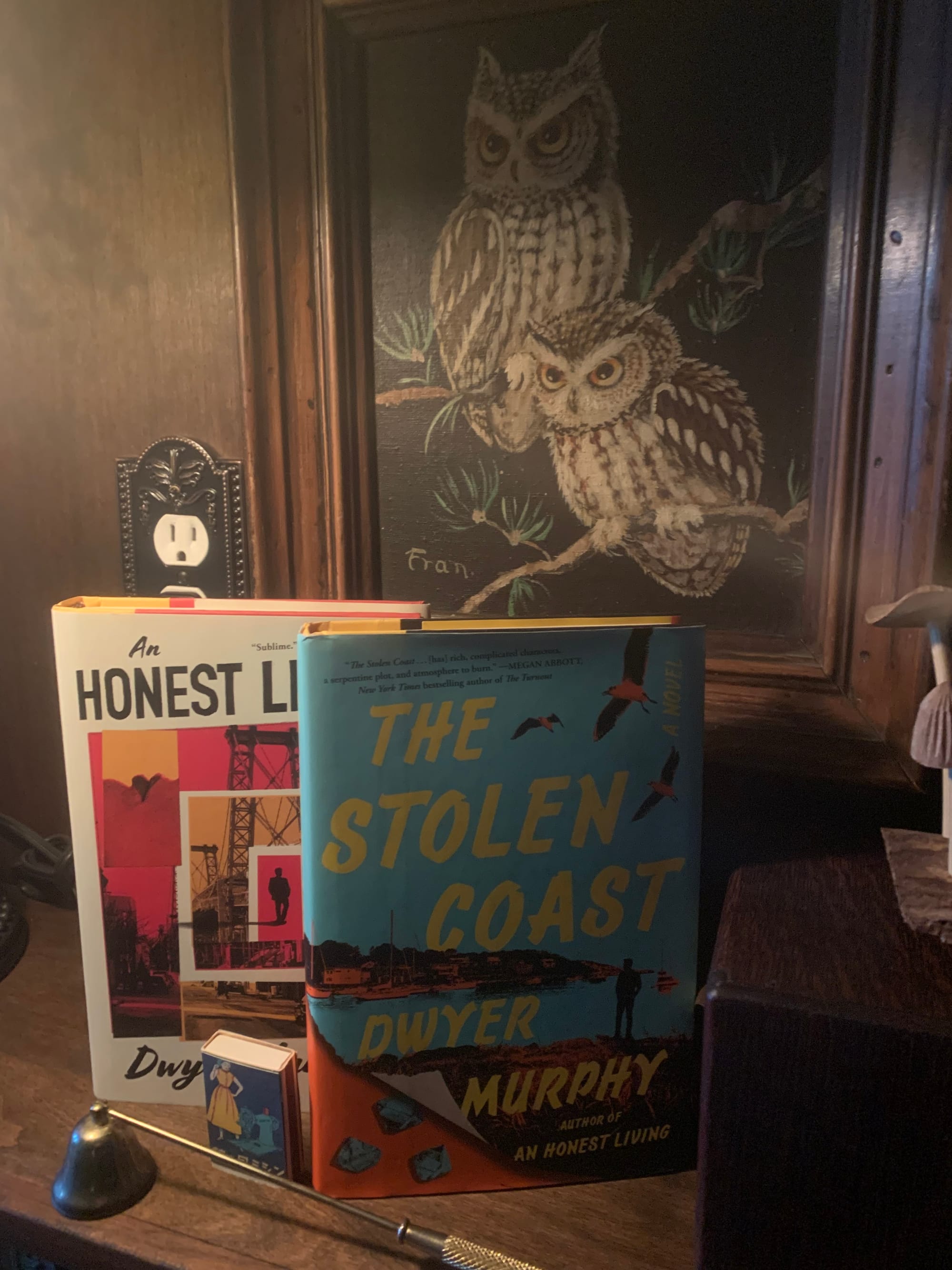 Dwyer Murphy's novels An Honest Living and The Stolen Coast, standing on a shelf in my library in front of a painting of owls, with a candle snuffer and a matchbox in front of them.m