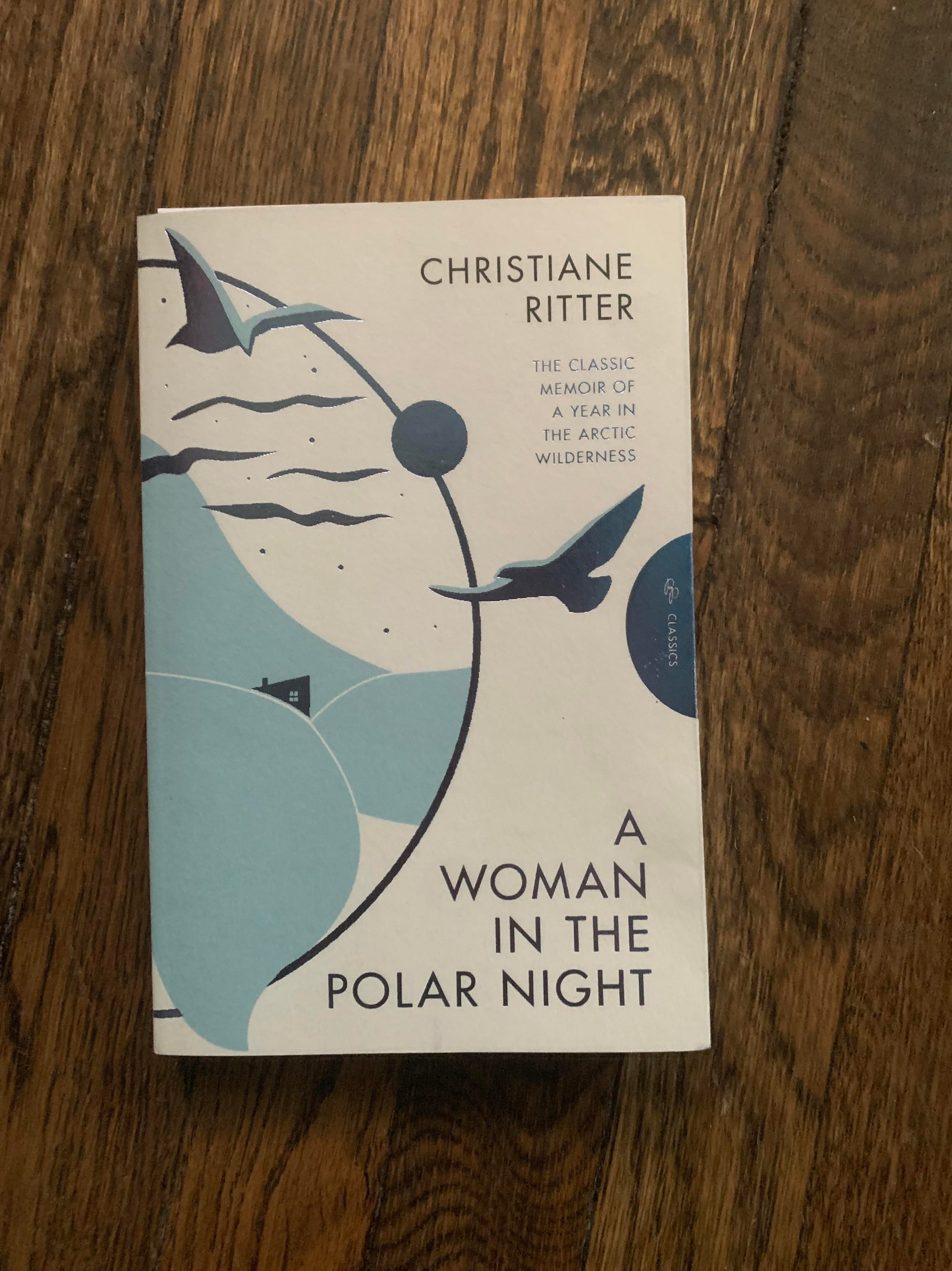The Pushkin Press edition of A Woman in the Polar Night, which features a fairly abstract illustration of a bird and a shack in the Arctic.