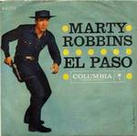 The picture sleeve for the 45-rpm single of Marty Robbins's song "El Paso," which features a picture of Robbins dressed in a black cowboy outfit in the act of drawing a gun.