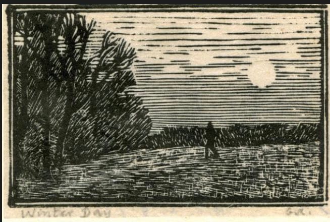 A wood engraving of a bare field in winter, trees lining it nearby to the left and farther away on the horizon. There's a person in the field, walking towards the trees. The moon, or perhaps the pale sun, is in the cloudy sky.