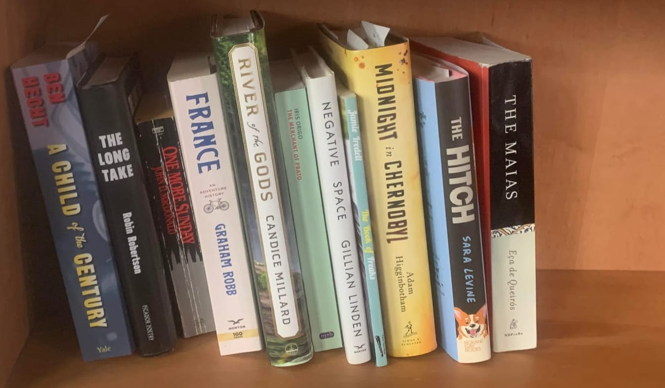 A shelf of about a dozen books, including the ones discussed below, plus France, by Graham Robb; Negative Space, by Gillian Linden; The Book of Freaks, by Jamie Iredell, Midnight in Chernobyl, by Alan Higginbotham, and The Hitch, by Sara Levine