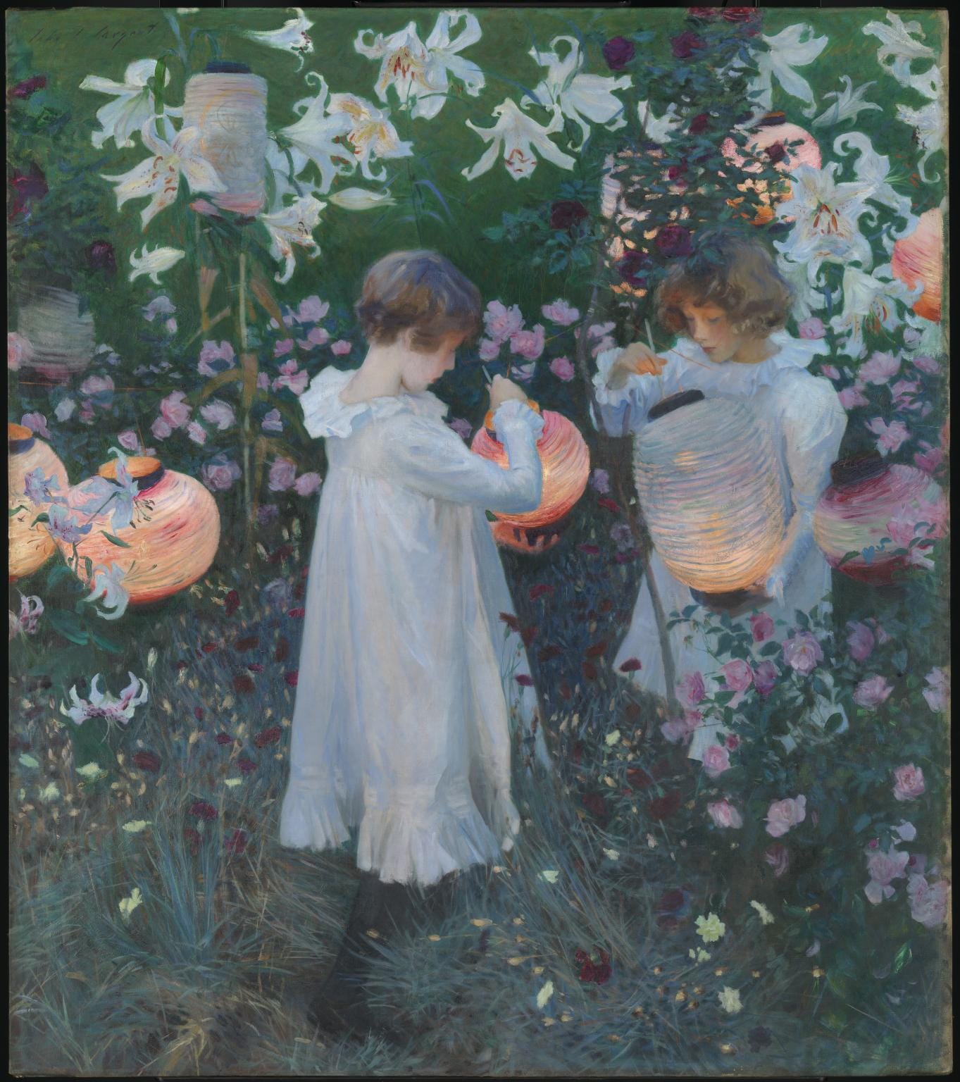 An oil painting showing two young girls in white nightgowns on a wildflower-covered lawn holding lanterns that are illuminated by candles inside.