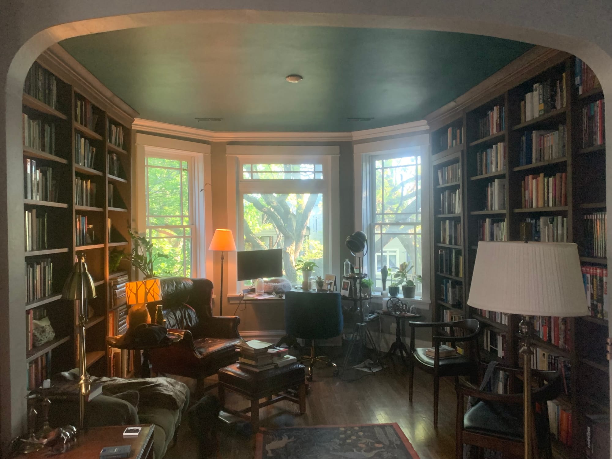 The front room of our library. In the center are three windows in a bay shape, while to the sides are floor-to-ceiling built-in bookcases, full of books. Assorting sitting furniture and lamps clutter the center of the room.