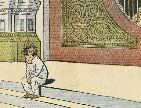 A comic strip panel showing Nemo, a small boy in pajamas with rumpled hair, sitting dejected on the front step of a big building. Behind him is part of a huge double door with ornate decoration.