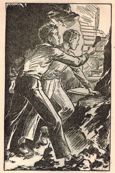 An black-and-white illustration from an old Hardy Boys novel showing Frank and Joe using a flashlight to illuminate a staircase that appears to be rising out of a wall of rock. 
