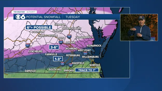 More than 6 inches of snow expected when major winter storm hits Virginia on Tuesday