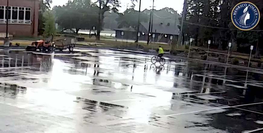 Watch bicycle-riding thief steal tractor from Henrico school in the rain