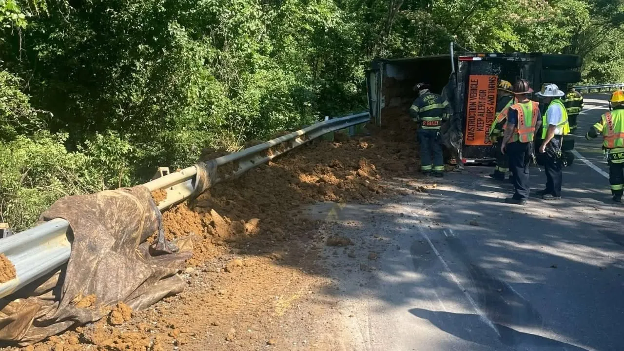 Henrico I-64 exit ramp shut down after dump truck overturns