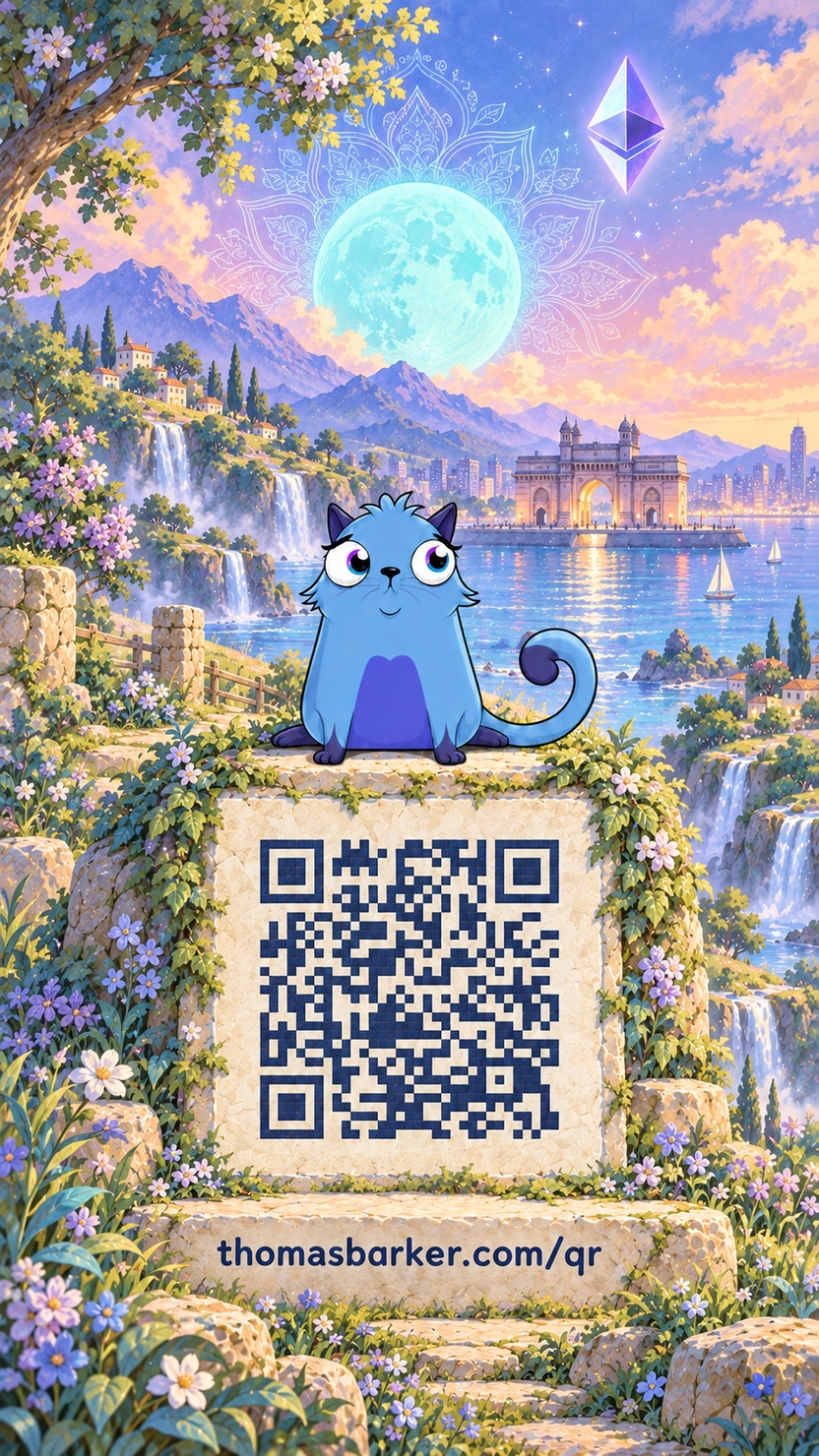 Thomas’s blue cartoon cat in a luminous Ethereum-inspired landscape