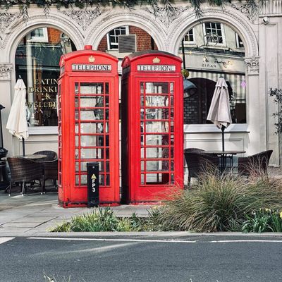 Two london telephone boxes side by side, taken in Marylebone, London
