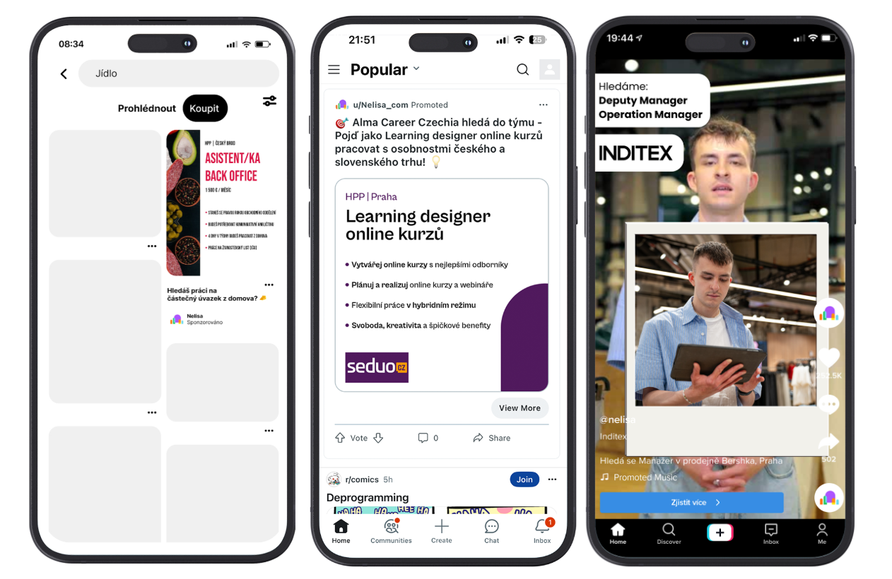 Ukázka kampaní na sociálních sítích Pinterest, Reddit, TikTok