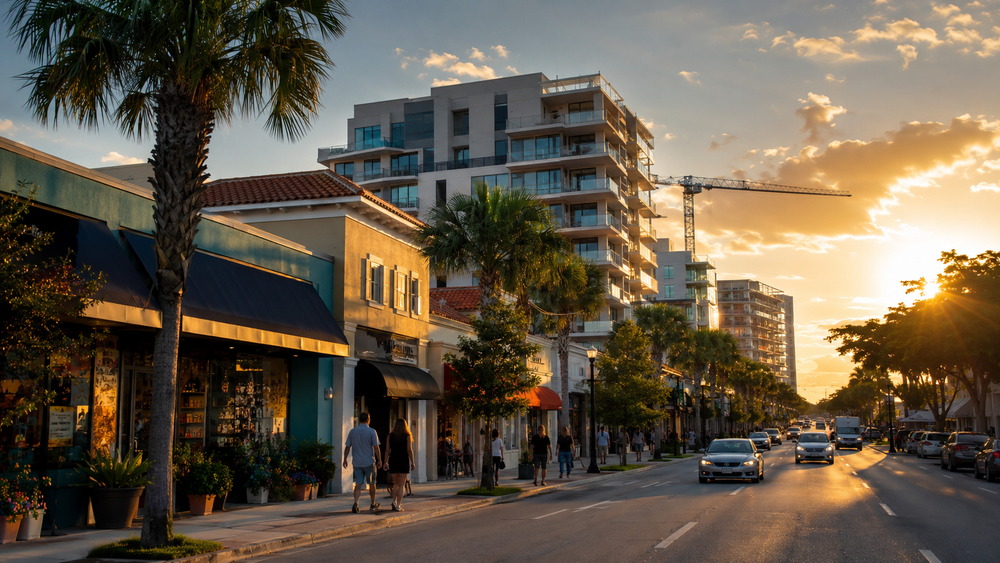 South Florida commercial corridor with storefronts, mid-rise development, and construction activity at golden hour.