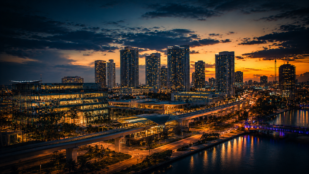 Downtown Broward high-rise development and transit corridor at dusk along the water.