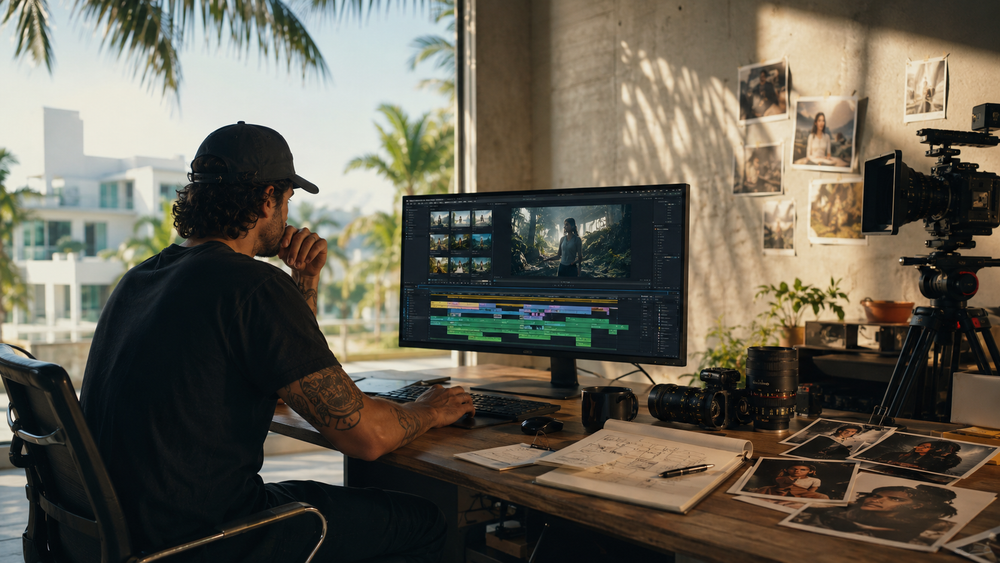 Editorial feature art depicting traditional film production elements being transformed or overtaken by futuristic AI interfaces and digital creations, symbolizing the disruption and innovati