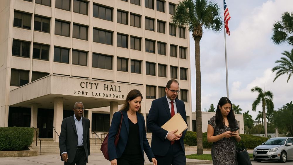 People walk past the entrance of Fort Lauderdale City Hall in Broward County, Florida.