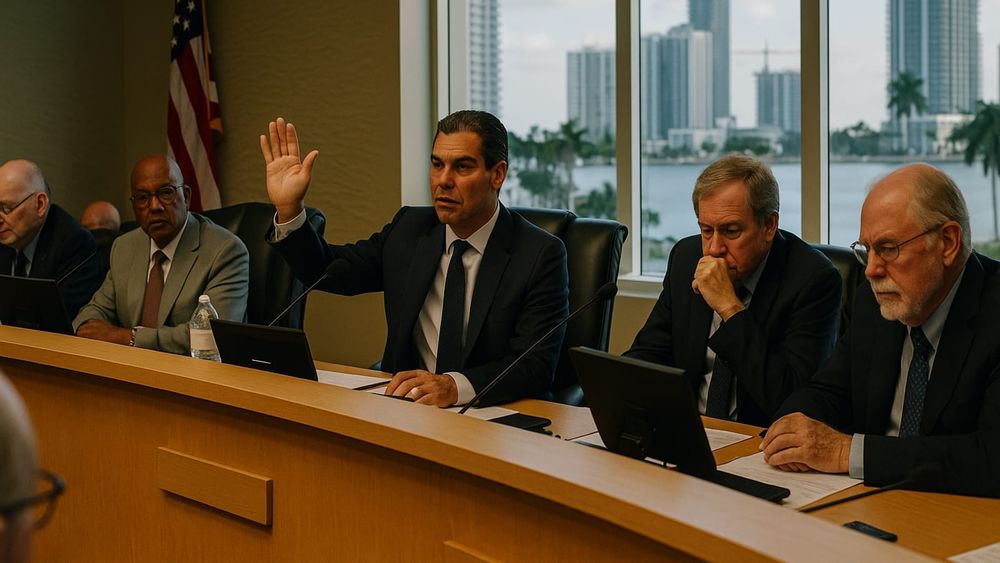 A Miami City Commissioner raises his hand to vote on a legal challenge to Florida's Live Local Act.