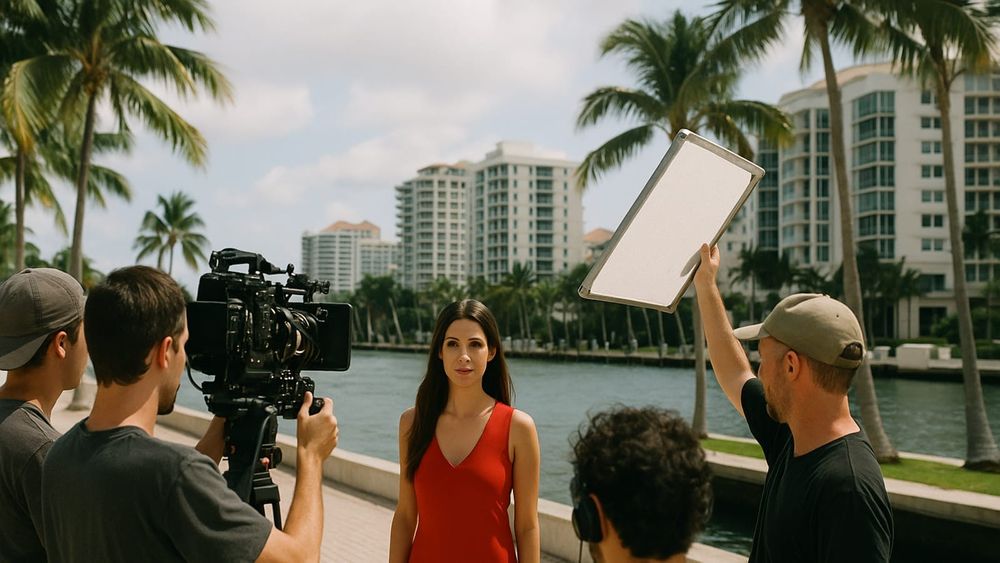 A film production crew shoots an actress along a sunny, palm-lined South Florida waterfront.