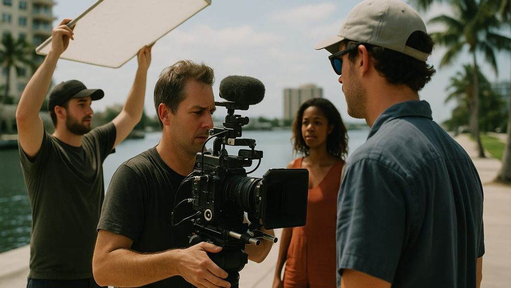 Film crew shoots an independent, brand-backed production along a South Florida waterway.
