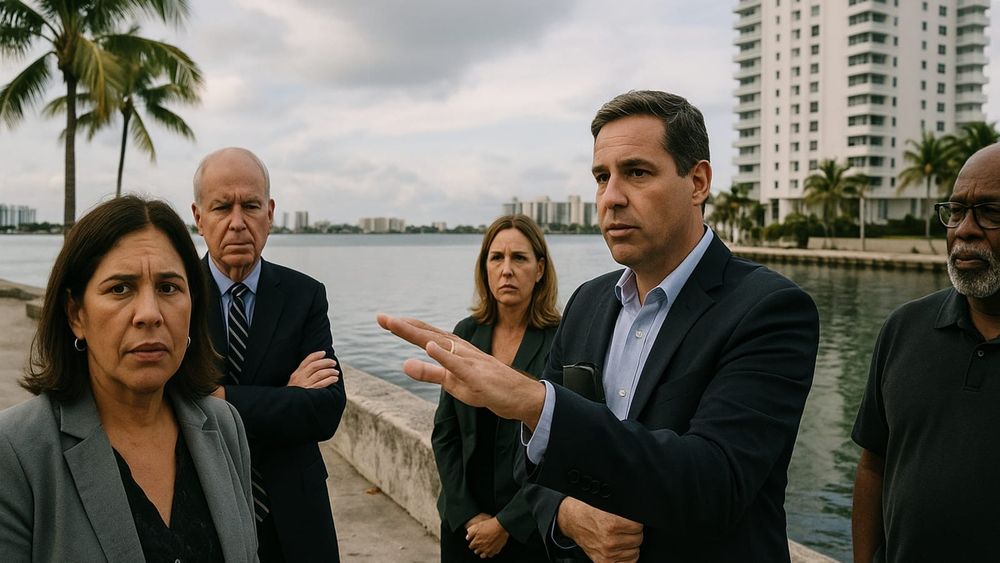 Miami officials stand near Biscayne Bay to discuss the city's legal challenge against the Live Local Act.