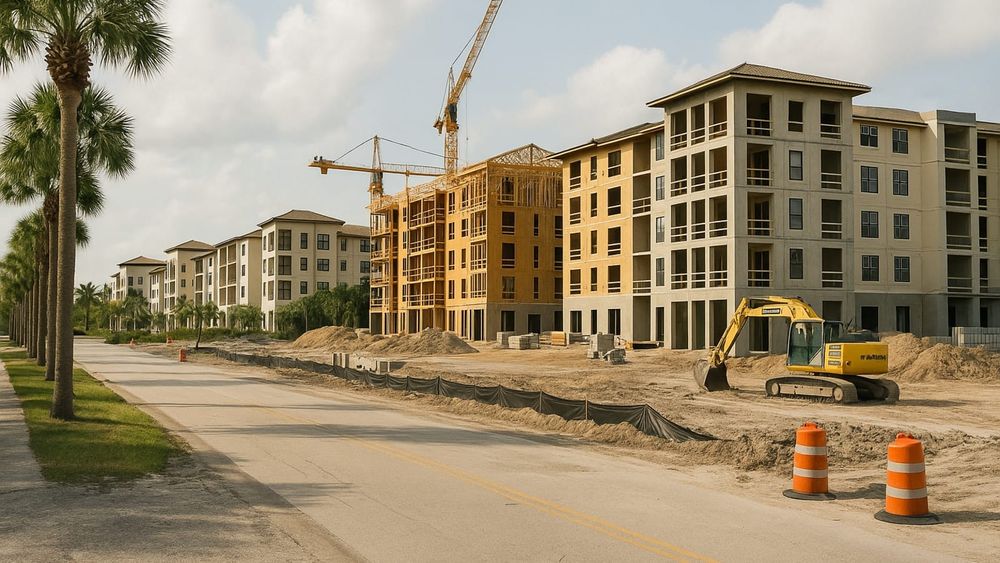 Construction site of The Sutton luxury apartments in Palm Beach Gardens, featuring cranes and an excavator.
