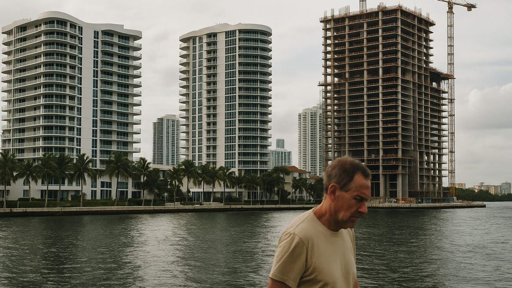 Completed and under-construction condominiums along a waterfront in Miami-Dade, South Florida.
