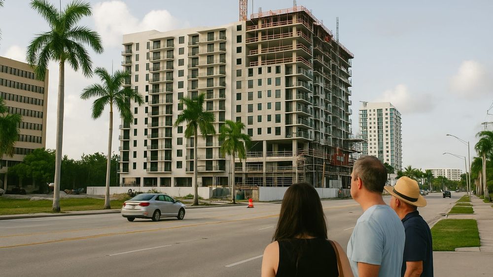 Pedestrians look across a street at new apartment construction in Fort Lauderdale's Uptown district.