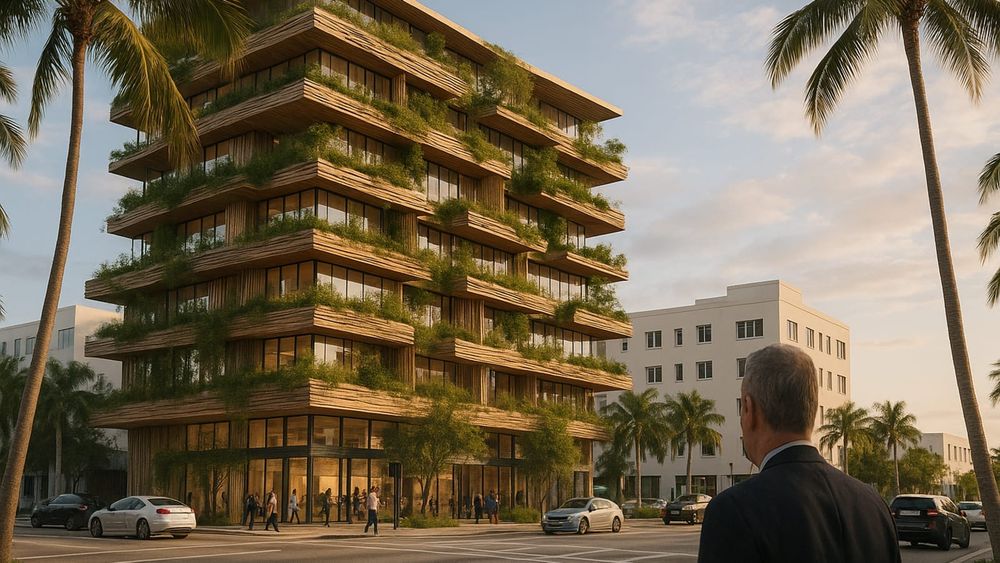 Architectural rendering of the plant-filled, timber-clad MIRAI Design District by Kengo Kuma in Miami.