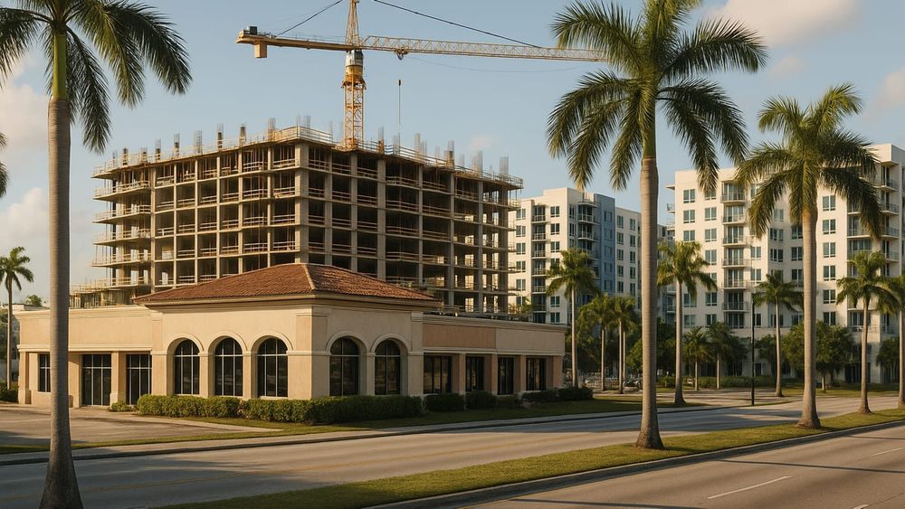 A multi-story apartment building under construction with a tower crane in Uptown Fort Lauderdale.