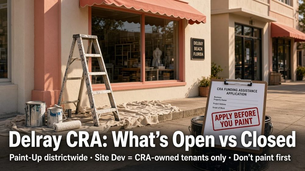 Delray Beach commercial storefront with paint supplies staged but unused and a CRA funding application stamped Apply Before You Paint; headline: Delray CRA What’s Open vs Closed — Paint-Up di