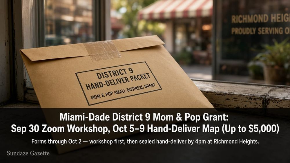 Sealed kraft District 9 Hand-Deliver Packet / Mom & Pop Small Business Grant envelope on a shop windowsill with soft Richmond Heights storefront awning bokeh, overlaid with designed headline 