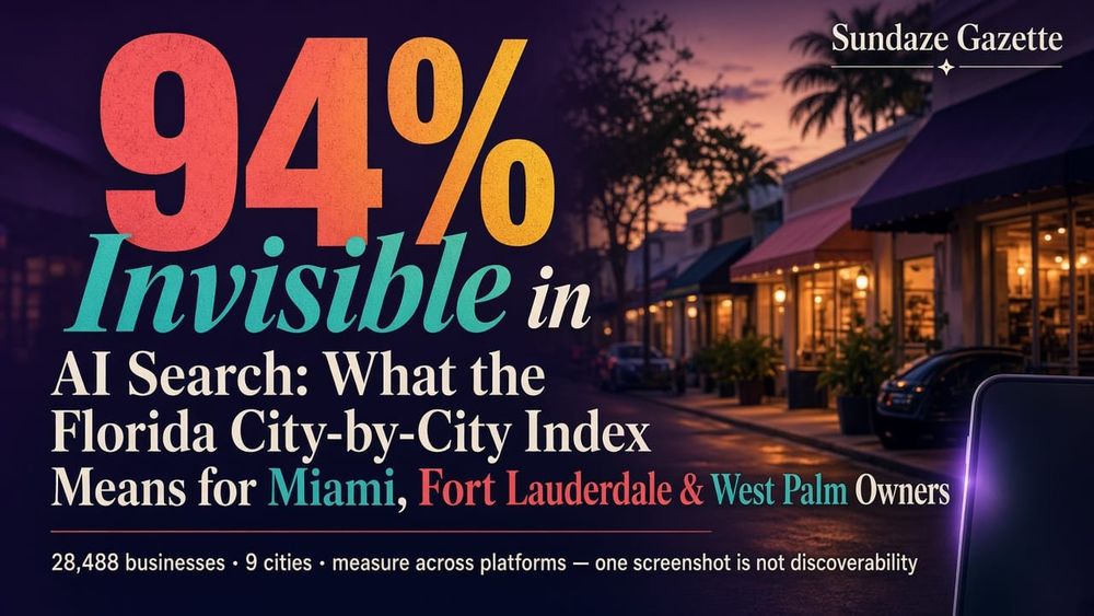 Twilight Miami–FTL–WPB commercial corridor with designed colorful headline — coral-amber 94%, teal “Invisible,” cream body type with accent city names — short deck on 28,488 businesses across