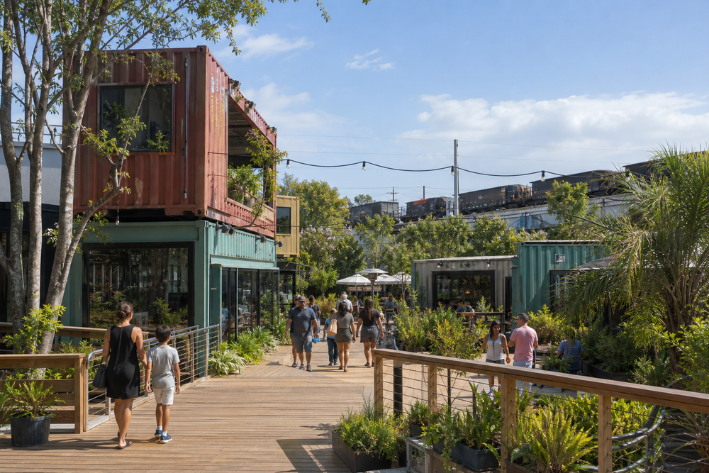 Stacked shipping containers and landscaped outdoor gathering space concept for CTZN PARK at Progresso Drive, Fort Lauderdale Progresso Village