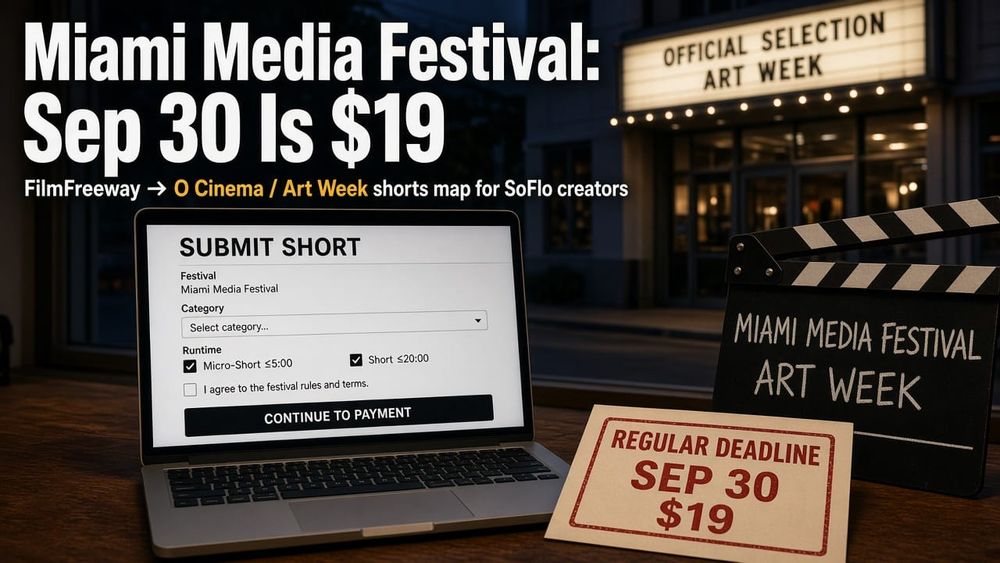 Filmmaker desk with a festival submission laptop, a Regular Deadline Sep 30 $19 stamp card, and a Miami Media Festival Art Week clapperboard; soft-focus Official Selection Art Week cinema mar
