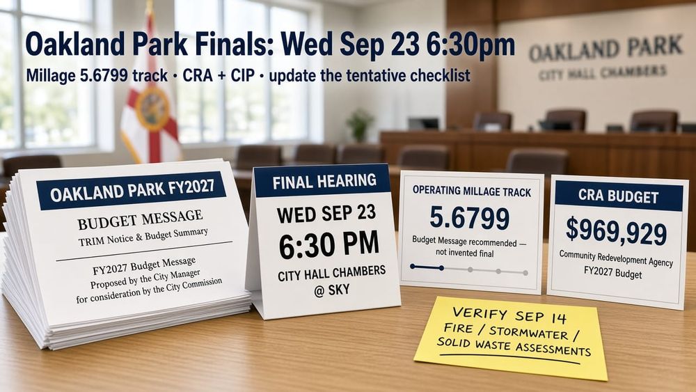 Oakland Park FY2027 Final Millage + Budget + CRA — Wed Sep 23 Owner Checklist (Updating the Tentative)
