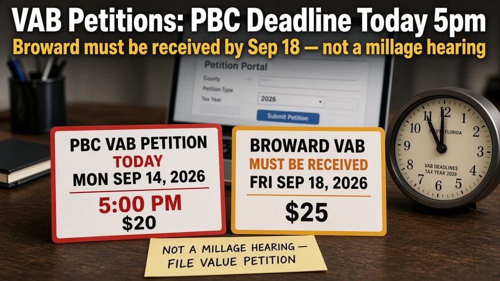 Owner desk with a red Palm Beach County VAB petition card reading Today Mon Sep 14 2026 5:00 PM $20 and an amber Broward VAB card reading Must Be Received Fri Sep 18 2026 $25, plus a sticky n