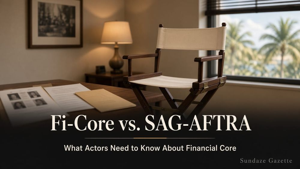 Empty director chair in a calm casting office with soft daylight; titled Fi-Core vs. SAG-AFTRA — What Actors Need to Know About Financial Core; Sundaze Gazette watermark.