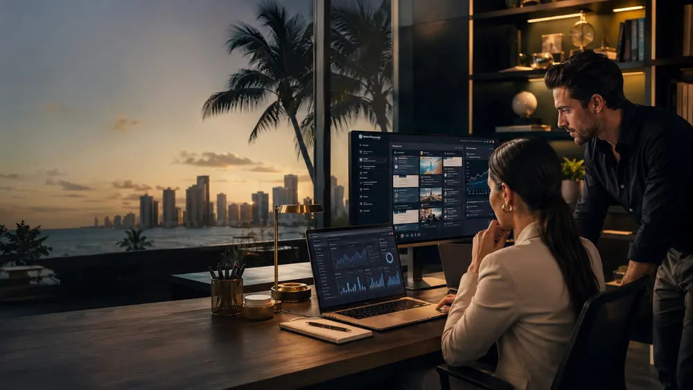 South Florida business team reviewing AI workflow dashboards in a modern office at sunset.