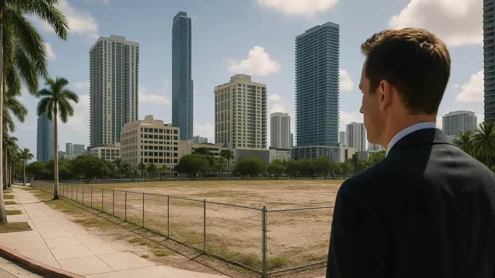 A man in a suit looks at the vacant One Miami World development site in downtown Miami, surrounded by skyscrapers.