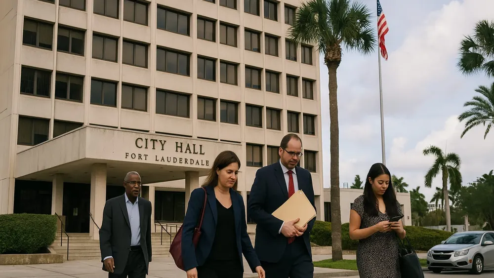People walk past the entrance of Fort Lauderdale City Hall in Broward County, Florida.