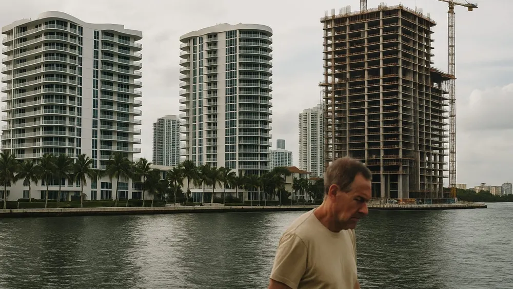 Completed and under-construction condominiums along a waterfront in Miami-Dade, South Florida.