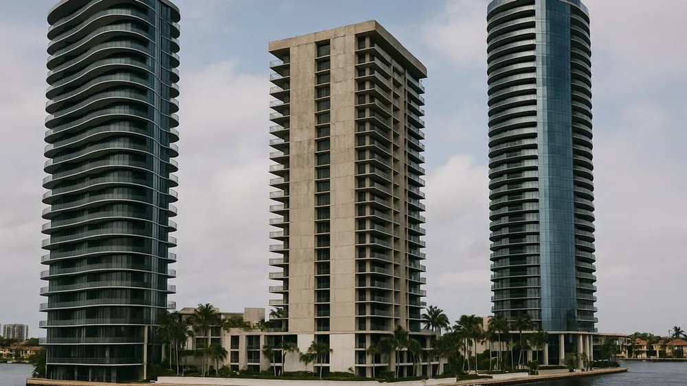 Three luxury condominium towers rise along a South Florida waterway.