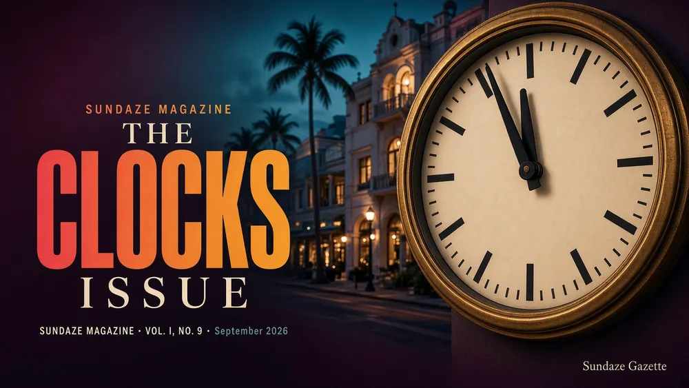 Vintage brass civic clock at five minutes to midnight on a South Florida street at dusk; cover title in art reads The Clocks Issue, Sundaze Magazine Vol. I, No. 9, September 2026