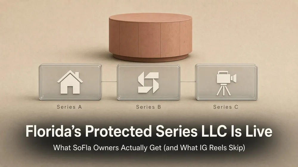 Mothership LLC with three horizontal protected-series cells (house, brand mark, camera); titled Florida Protected Series LLC live — SoFla owner map vs marketing reels.